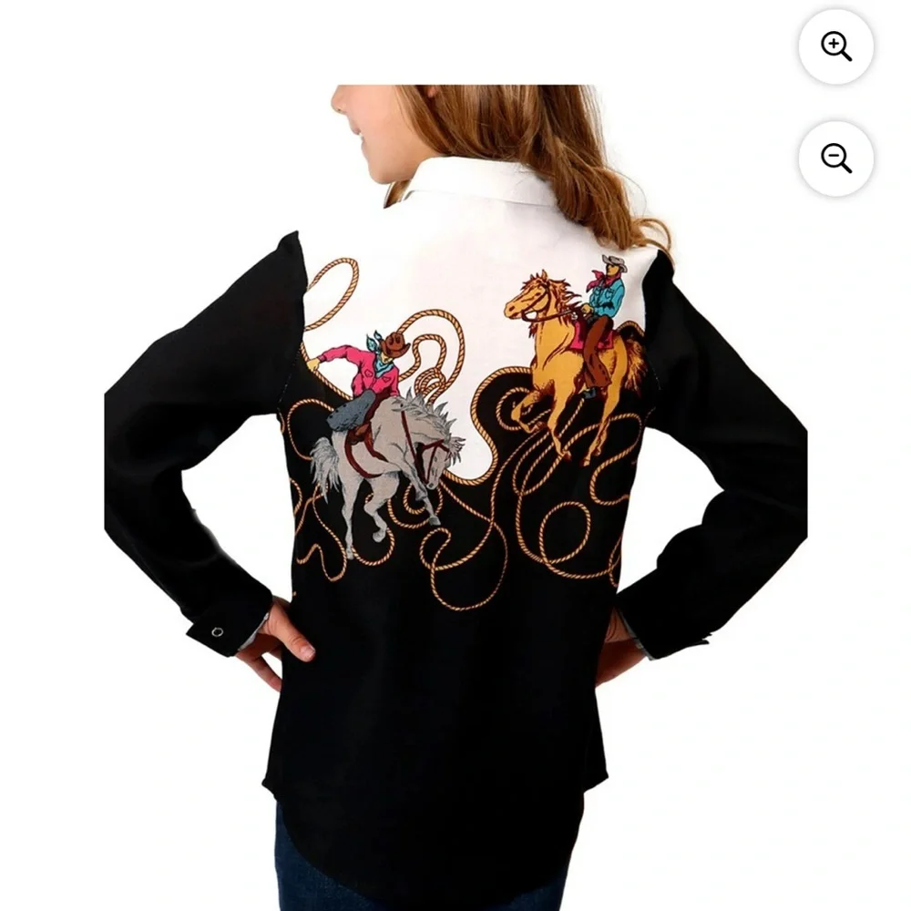 Roper Girls Vintage Style Cowboys and Horses Western Button Down Shirt - Picture 2 of 9